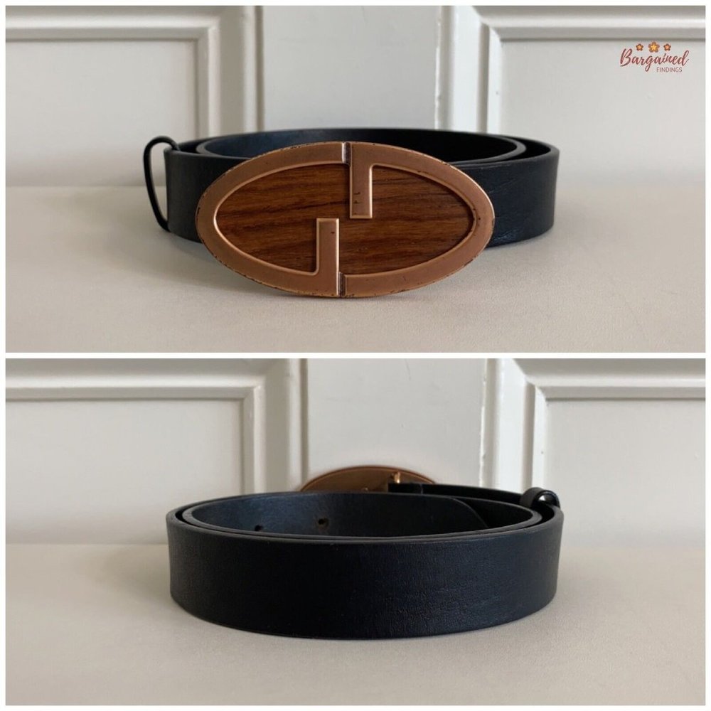 Authentic Gucci Vintage Black Leather Bronze Interlocking G Wood Belt 80/32 - Picture 3 of 12